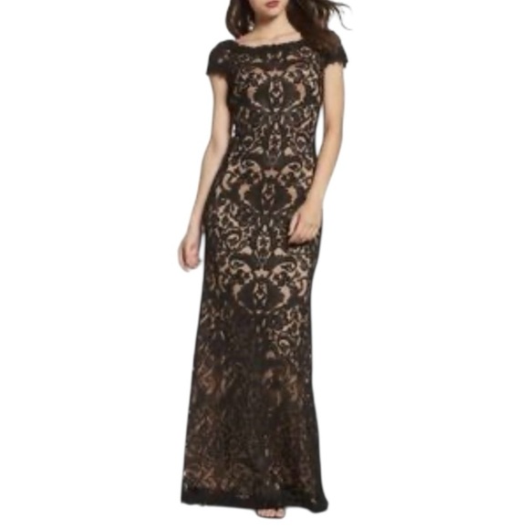 Tadashi Shoji Black Lace Boat Neck Cap Sleeve Full Length Evening Gown Women’s 2 - Picture 2 of 12